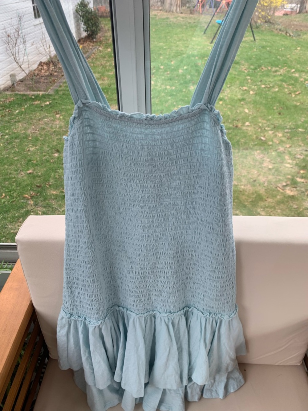 American Eagle Outfitters Light Blue Smocked mini dress with Ruffle Trim